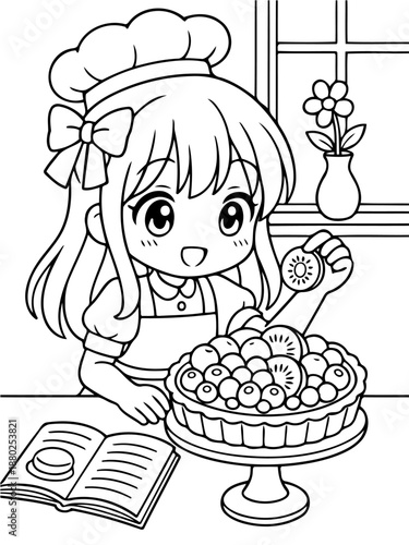 Young Baker's Sweet Creation: A cheerful young baker, adorned in a chef's hat, delicately places fresh fruit on a delectable tart, a symbol of culinary art and joy in the kitchen.