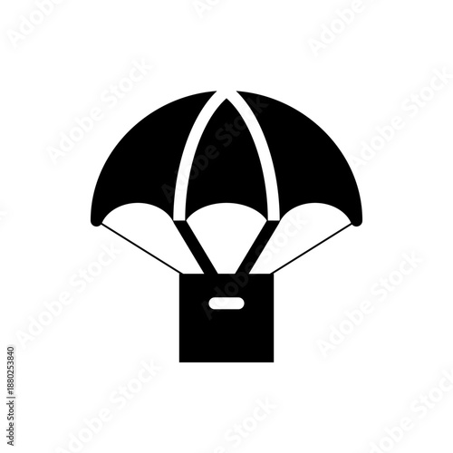 A minimalist black and white vector graphic illustration of a parachute in a flat design style