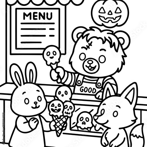Halloween Ice Cream Treats: A charming illustration depicts adorable cartoon animals queuing up at a whimsical ice cream stand, enjoying spooky treats and the spirit of Halloween.