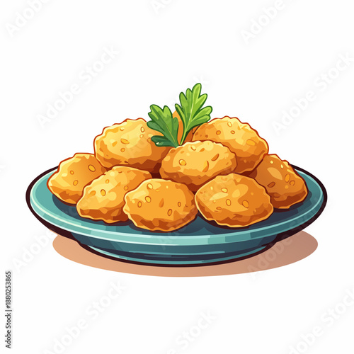 Crispy golden brown chicken nuggets piled high on a teal plate garnished with fresh parsley a delicious appetizer or meal presented on a clean white background ideal for food photography and culinary