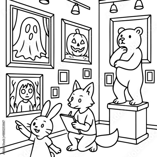 Art Gallery Scene with Cartoon Characters: A charming black and white illustration depicts a whimsical art gallery scene, where a curious rabbit and fox examine artwork with a thoughtful bear.