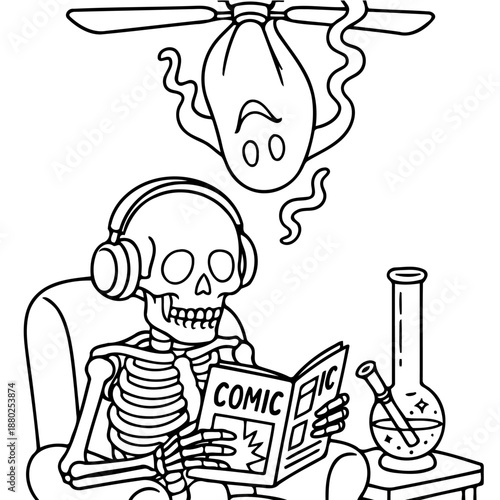 Cartoonish Skeleton Relaxing: A cartoon skeleton is immersed in a comic, complete with headphones, a whimsical ghost, and a peculiar bong, setting a scene of relaxed leisure.