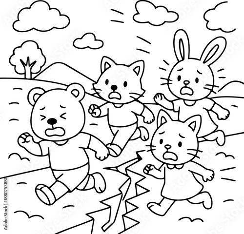 Earthquake panic: a group of cartoon characters, including a bear, a fox, a cat and rabbit, running away in panic and fear during an earthquake.