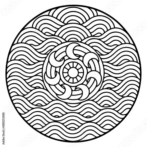 Geometric Mandala of Harmony: A stunning geometric mandala, designed with intricate patterns of waves, moons, and a central sun, embodies balance and serenity. It's a visual journey into mindfulness.