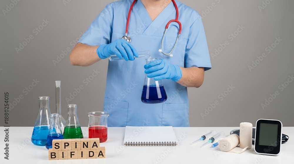 Fototapeta premium Medical professional in blue scrubs and gloves pours blue liquid from test tube into flask surrounded by colorful lab glassware word blocks spelling Spina Bifida and medical equipment