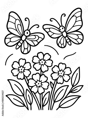 Butterflies and Blossoms: Delightful butterflies flutter above a vibrant collection of blooming flowers, their delicate wings dancing in the sun.