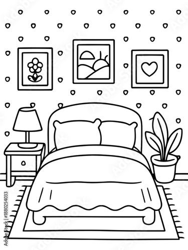 Cozy Bedroom Illustration: An inviting bedroom illustration features a neatly made bed beneath framed artworks, complemented by a bedside lamp and a potted plant, conveying a sense of serenity.
