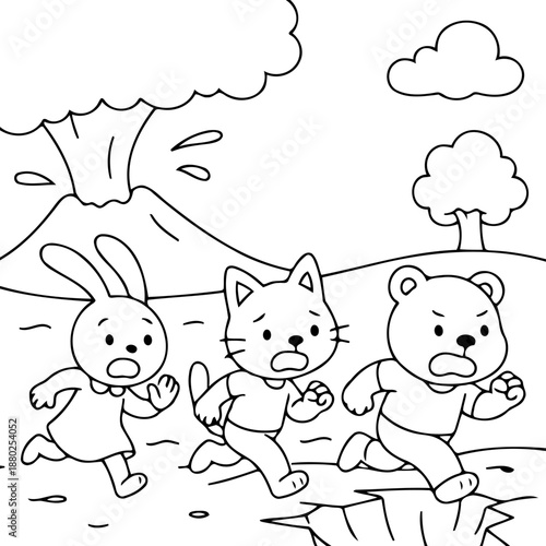 Panic in the Wilderness: A trio of animal friends race to escape a volcanic eruption. Capturing the tension and drama of a natural disaster, evoking a sense of fear and urgency.