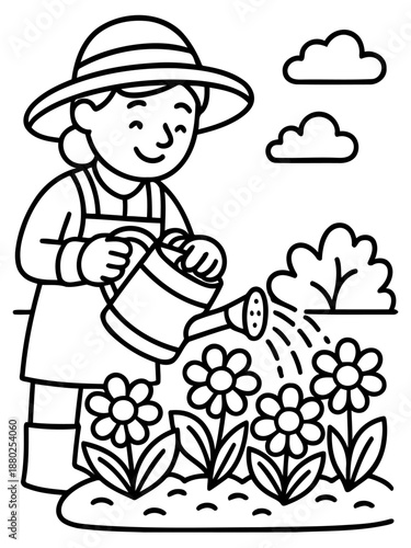 Nurturing Blooms: A gardener tends to vibrant flowers, watering them with care and dedication, surrounded by fluffy clouds and natural beauty.