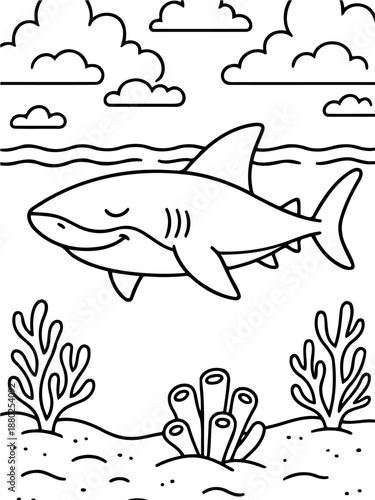 Shark's Smiling in the Sea: A whimsical outline of a cartoon shark, complete with a joyful smile and playful eyes, frolics in the ocean.