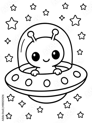 Cosmic Companion: A charming and cute alien peers out from its spaceship, surrounded by twinkling stars, inviting viewers to journey to the cosmos.