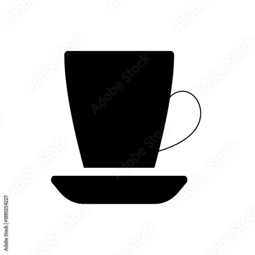 A minimalist black silhouette of a coffee cup and saucer on a white background