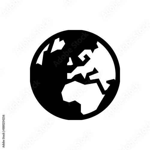A minimalist black and white vector graphic illustration of the Earth, symbolizing global unity and international connection