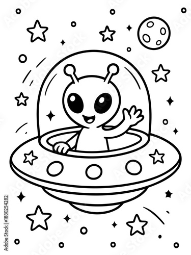 Cosmic Visitor's Voyage: An adorable alien, radiating friendliness, embarks on an interstellar adventure aboard a whimsical UFO, accompanied by stars, and a planetary body.