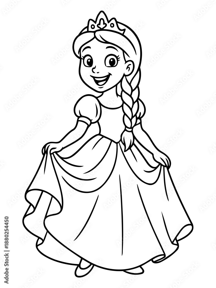 Fototapeta premium Joyful Princess: A delightful cartoon princess, smiling brightly, dressed in an elegant gown, embodying innocence and fantasy.