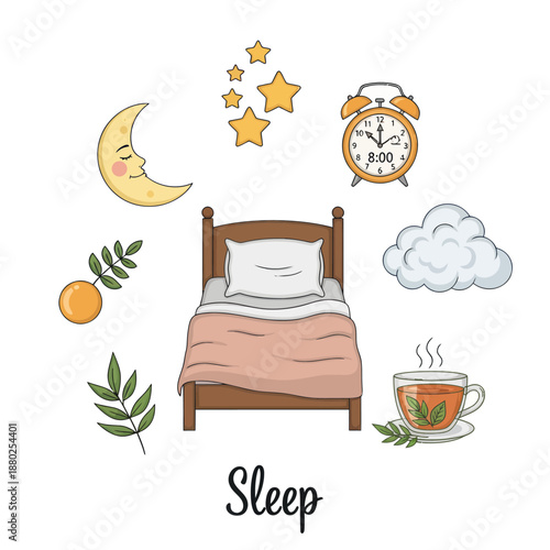 Serene Sleep Scene with Bed and Soothing Elements.