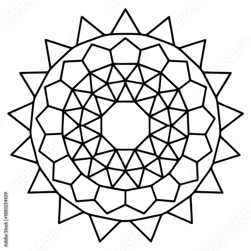 Geometric Mandala: A symmetrical, intricate mandala design, featuring complex geometric shapes that invite contemplation and spiritual reflection.