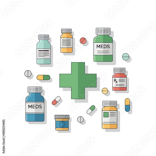 Medical supplies and medications illustration with various bottles and pills.