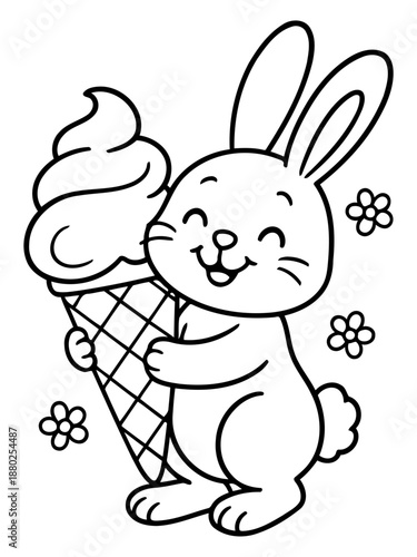 Delightful Bunny and Ice Cream: A joyful illustration of a charming bunny clutching a delicious ice cream cone, bringing a sweet moment of pleasure and fun.