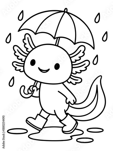 Axolotl Under the Rain: A charming illustration depicts a playful axolotl navigating a rainy day, protected by an umbrella and wearing boots.