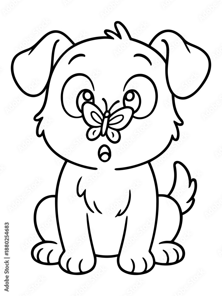 Naklejka premium Adorable Puppy and Butterfly: A cute puppy sits in a cartoon style with a butterfly on its nose, showcasing playful and adorable interaction.