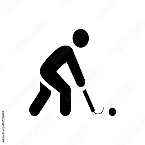 A minimalist vector graphic of a person playing field hockey with a stick and ball