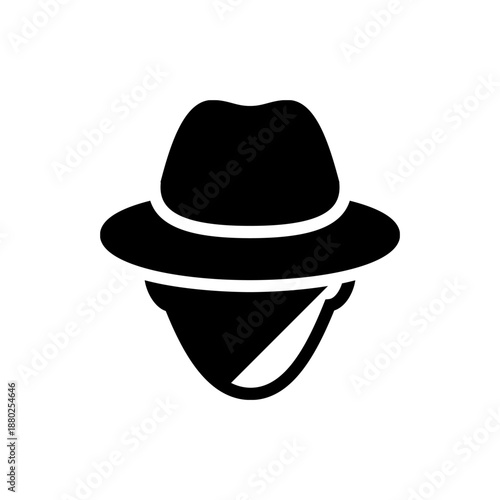 A black silhouette of a fedora hat with a chin strap on a white background