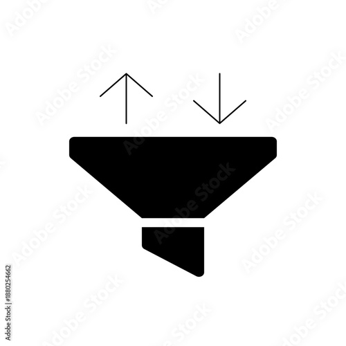 A minimalist vector graphic illustration of a funnel with arrows indicating input and output
