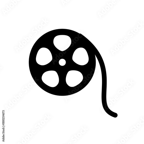 A minimalist black film reel icon on a white background, representing cinema and movie production