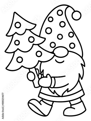 Festive Gnome with a Christmas Tree: An illustration of a whimsical gnome, adorned with a pointy hat with round ball, holding a stylized Christmas tree, ready to bring festive cheer.