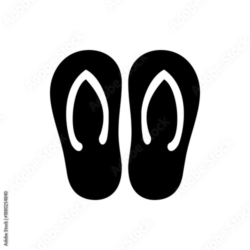 A minimalist vector graphic illustration of a pair of black flip flops with white straps on a plain white background