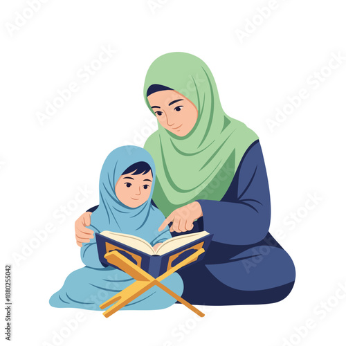 A mother and daughter are reading the Quran together, sharing a moment of spiritual learning and family bonding
