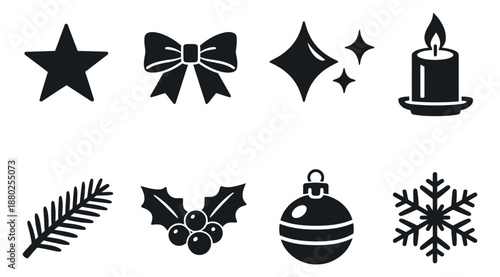 Simple graphic Christmas holiday icons set featuring a star, bow, candle, holly, bauble, and snowflake for festive designs and winter celebrations