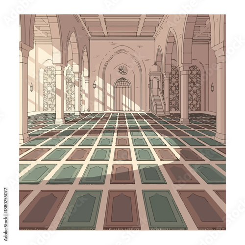 Illustrative view of a serene mosque interior, featuring graceful Islamic architecture, sun-drenched arches, and prayer mats awaiting worshipers in a peaceful setting