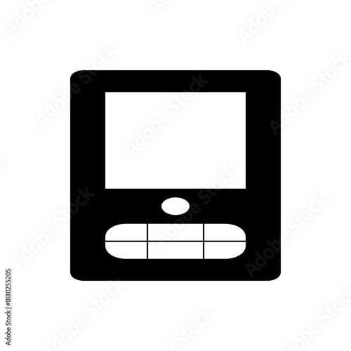 A minimalist vector graphic illustration of a handheld device with a blank screen and keypad