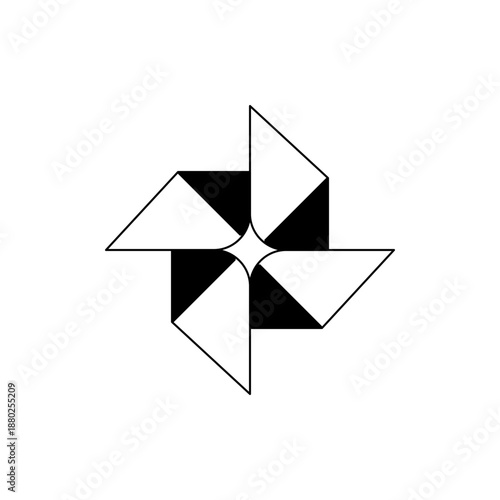 A minimalist black and white pinwheel icon with a geometric design