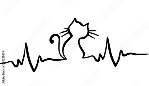 Minimal continuous one line drawing of a cat print framed by heartbeat lines, symbolizing love, care, and emotional connection with pets. Modern abstract line art for vet and pet brands.