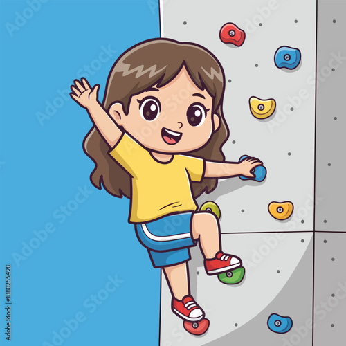 Cartoon girl climbing a rock wall. Indoor climbing illustration. Young girl on climbing wall. Vector climbing character. Rock climbing kid. Indoor bouldering. Colorful climbing holds. Fun