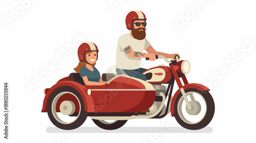 Bearded Man and Woman Riding Retro Sidecar Motorcycle Illustration