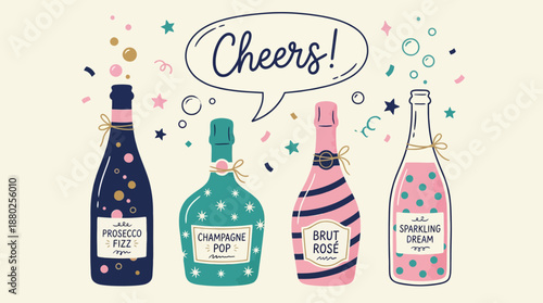 Cheers Sparkling Wine Bottles with Confetti Doodle Illustration