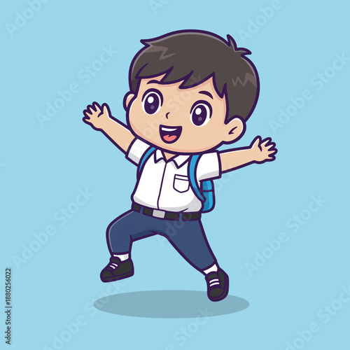 Happy school boy. Cartoon child with backpack. Vector illustration of kid in uniform. Smiling student. Blue background. Schoolboy with arms outstretched. Jumping child. Educational theme.