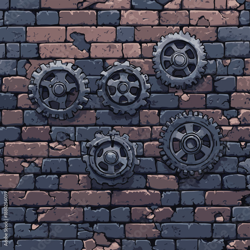 Steampunk Mechanical Gears Against Brick Wall Illustration. , vector style simple color