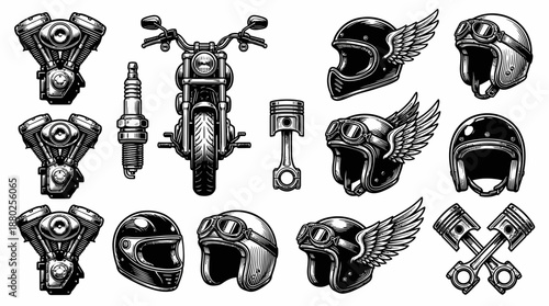 Motorcycle Parts and Helmets Vintage Engraving Vector Set