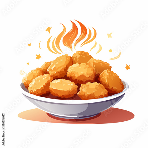 Golden Brown Chicken Nuggets Stacked High in a White Bowl With Orange Flames Rising Above Indicating Hot Freshly Cooked Food and Sparkles Around Representing Deliciousness