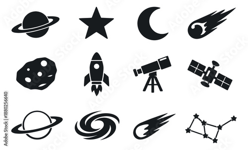 Modern silhouette space astronomy set featuring planets, rockets, and stars for cosmic exploration and science education
