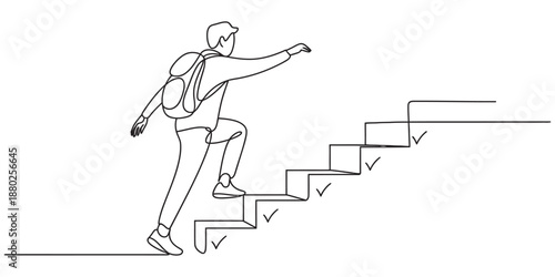 A person in continuous line art climbing steps marked with checkmarks symbolizing progress and success Vector, illustration