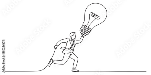 A businessman in continuous line art runs forward with a large lightbulb symbolizing an idea Vector, illustration