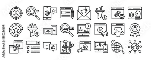Marketing and SEO icon collection. Containing design Target Audience, Keyword Research, Social Media, Content Creation, Analytics	