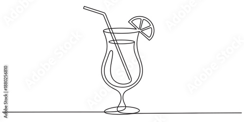 Continuous line drawing of a cocktail glass with straw and lemon garnish Vector, illustration