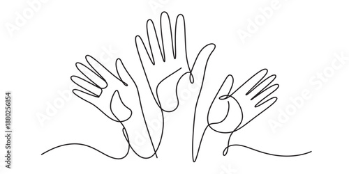 Minimalist continuous line art of three raised hands symbolizing community and support Vector, illustration